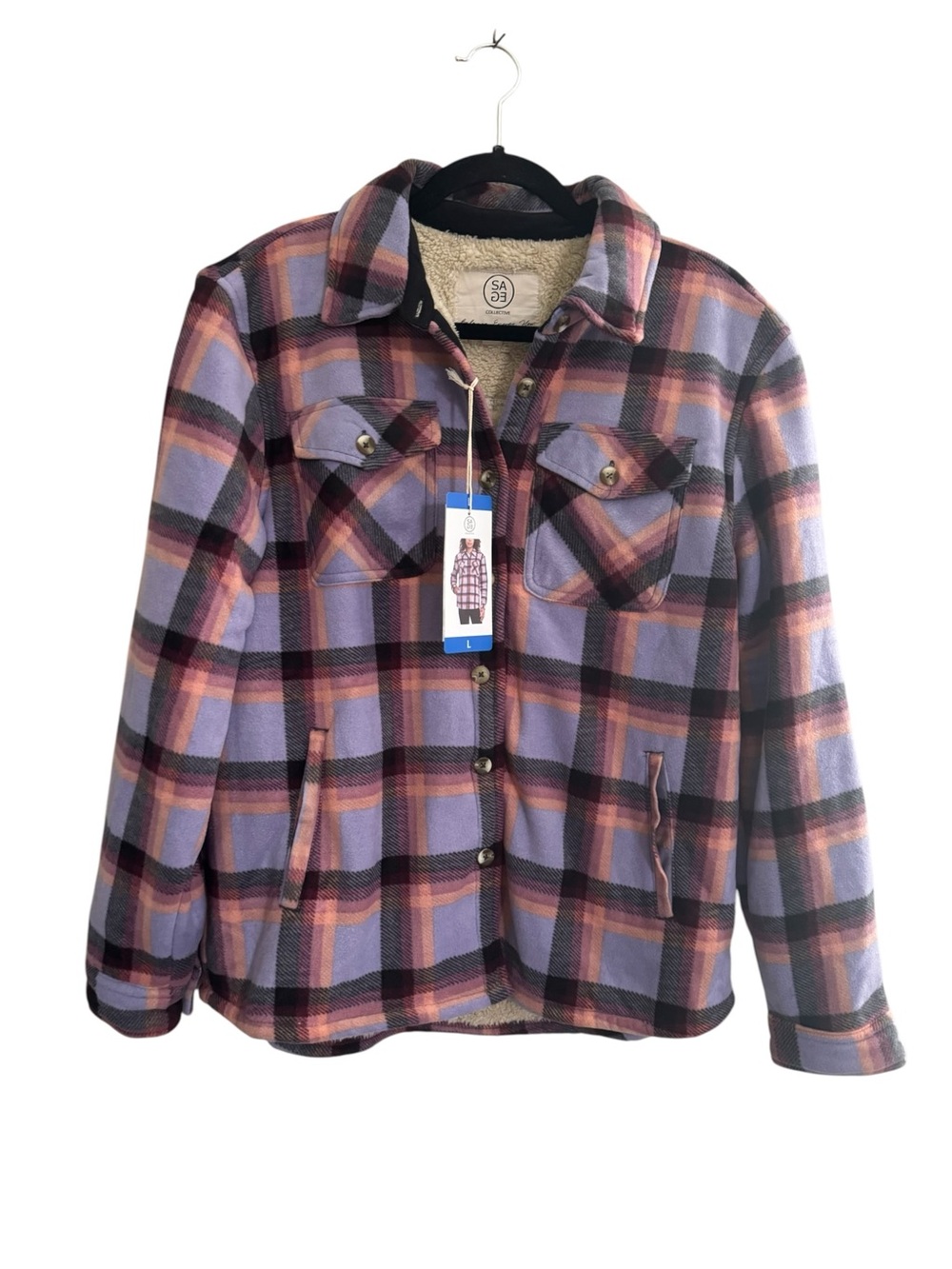 ✨Sage Collective✨ Lavender Plaid Sherpa Lined Jacket with Pockets Large NWT #NE